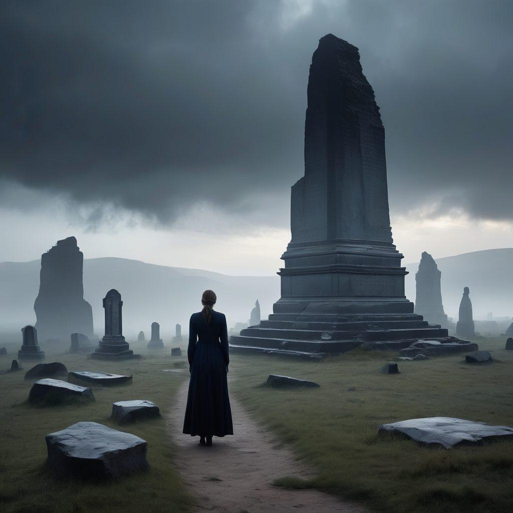 A surreal landscape where the past and present collide, featuring a shadowy figure standing before crumbling monuments and fading photographs of historical events. A haunting mist envelops the scene, symbolizing collective memory, while echoing whispers seem to rise from the ground. The color palette should blend dark blues and grays with luminous golden accents to represent hope amidst loss. dramatic lighting. super-realistic. ethereal tones.