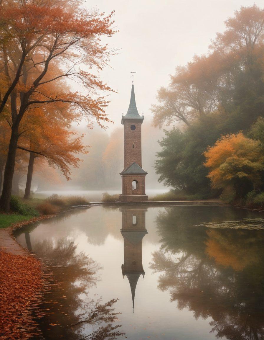 A serene, misty landscape depicting an old clock tower partially obscured by fog, symbolizing the passage of time and forgotten memories. Include a solitary figure gazing into a reflective pond, with subtle hints of autumn colors in the leaves. Soft, diffused lighting enhances the melancholic mood, evoking a sense of nostalgia. artistic oil painting. muted colors.