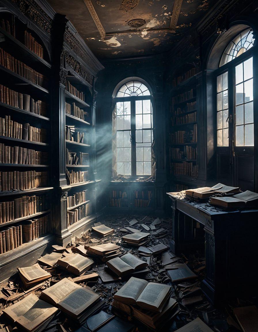 A haunting landscape depicting a decaying library filled with dusty, ancient books, sunlight filtering through broken windows, casting eerie shadows. A ghostly figure stands in the background, representing lost voices of the past, while faded photographs of historical events float in the air. The color palette should evoke sadness, using muted blues and grays to enhance the melancholic atmosphere. surreal. dark tones. atmospheric lighting.